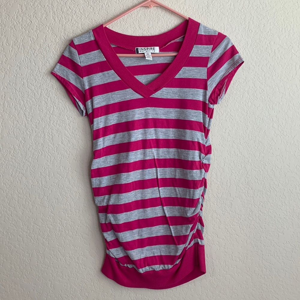 Inspire Maternity short sleeve pink and grey striped shirt with elastic waist.